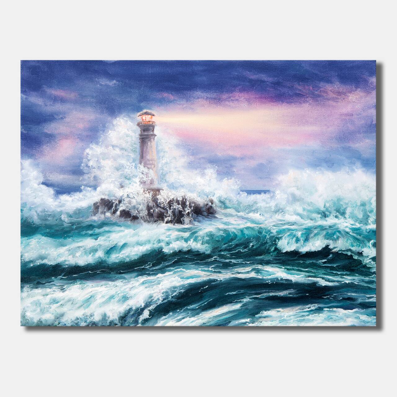 Designart - Lighthouse Wild Blue Ocean Waves - Nautical & Coastal Canvas Wall Art Print